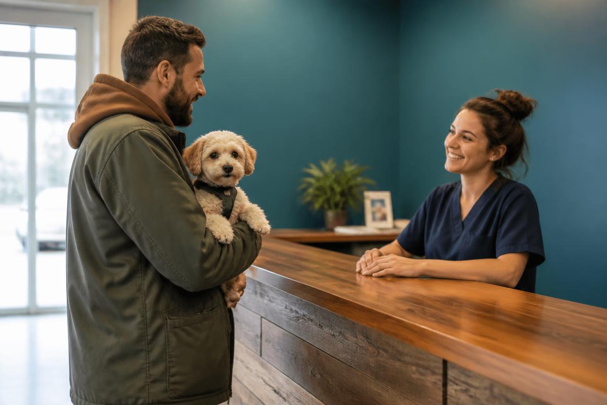 Homem com seu cachorro sendo recebido na recepção de um abrigo