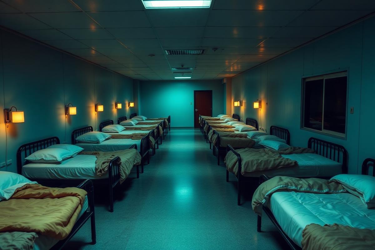 Dormitório de albergue com camas arrumadas e cobertores, iluminação acolhedora