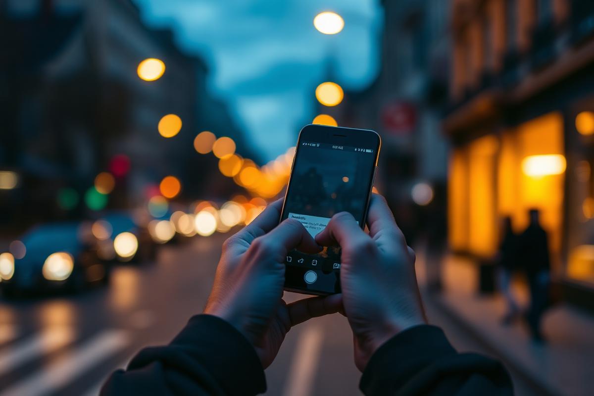 Mãos segurando um celular pesquisando abrigos na rua ao anoitecer